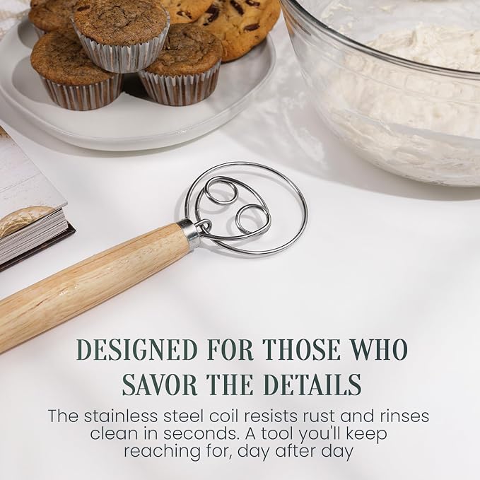 13-Inch Danish Dough Whisk, Double Loop Bread Whisk with Wooden Handle, Stainless Steel Dough Mixer for Sourdough Bread, Pizza Dough, Batter and Pastry