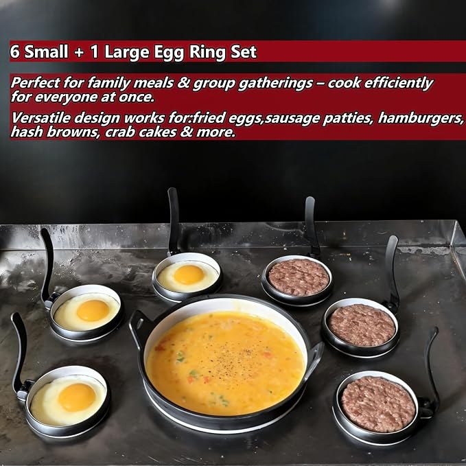Nonstick Silicone Egg & Omelet Ring Kit,4" Egg Rings & 8" Omelet Ring, Egg Rings for Frying Eggs, Pancakes, Patties and English Muffins, 7 Piece Set (BLACK)