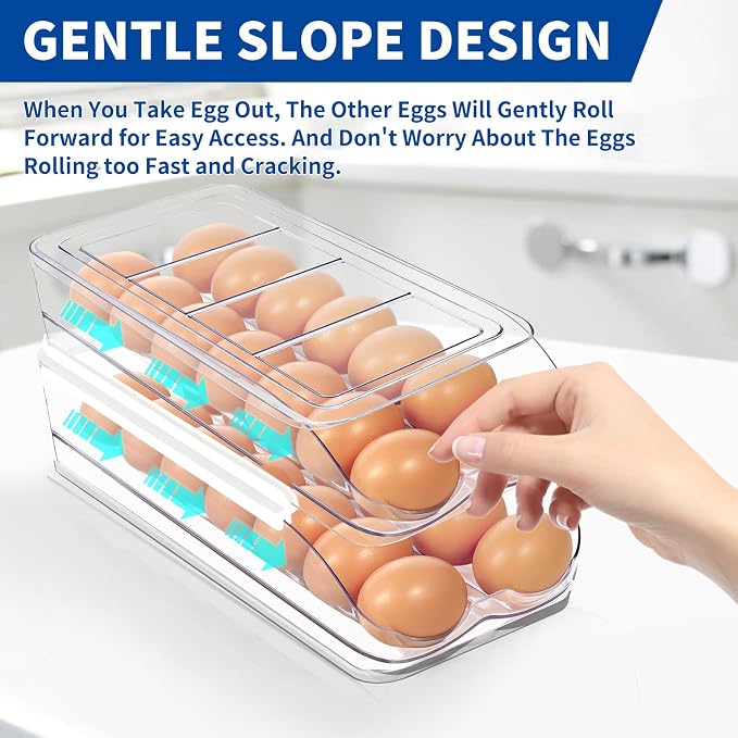 MesRosa Egg Holder for Fridge, Automatic Rolling Egg Organizer -2 Layer | Stackable Clear Egg Container & Tray for Refrigerator, Durable Dispenser and Storage with Sturdy Lid to Saving Space