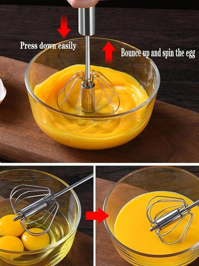 Stainless Steel Whizzy Whisk, Semi Automatic Whisk Egg Whisks Mixer for Stirring, Blending, Whisking, & Beating Blender, Hand Push Mixer (10 inches)