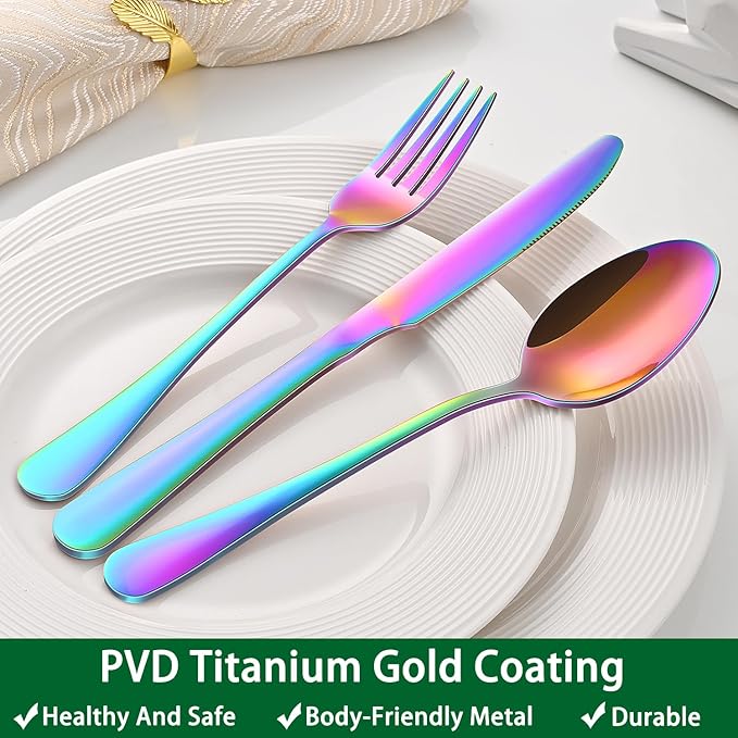Colorful Rainbow 30 Pieces Silverware Sets Service For 6,Colored Flatware Sets Contains Knife And Fork Spoons Eating Utensils Sets For Kitchen Tableware