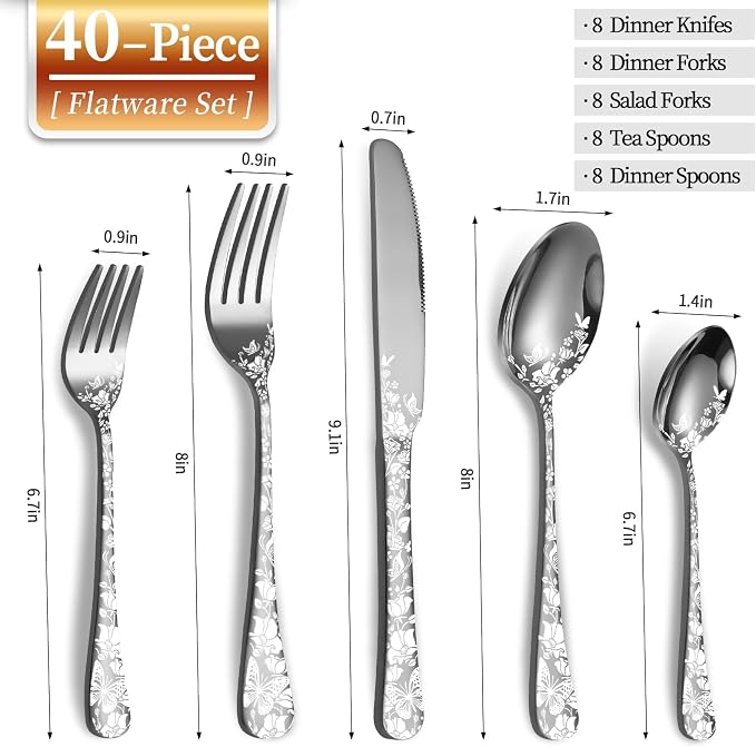 40 Piece Silverware Set, Stainless Steel Flatware Cutlery Set Service for 8, Mirror Polished Tableware Eating Utensils Set for Home Kitchen, Include Knife Fork Spoon Set, Dishwasher Safe