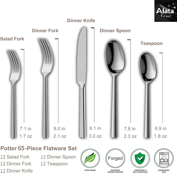 Alata Potter 65-Piece Forged Silverware Set, Service for 12 – Premium Stainless Steel Flatware Set, Modern Design with Satin Finish, Ideal for Home, Kitchen, Party, Camping