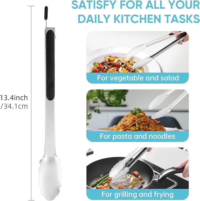 12-Inch Kitchen Tongs for Cooking,Heat-Resistant Stainless Steel Tong,Black | For BBQ/Cooking/Grilling/Serving/Salad,Locking Cooking Tongs Food Tongs | Heavy Duty, Food-Grade,Dishwasher Safe