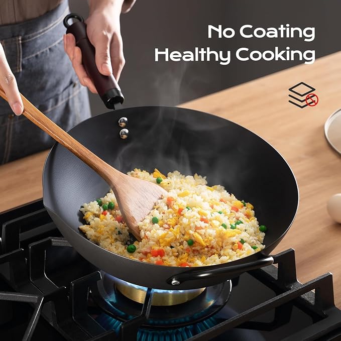 FGJ Wok, 13 Inch Carbon Steel Woks & Stir-fry Pans Nonstick | Pre-Seasoned 5.8QT Flat Bottom Chinese Wok Paella Pan with lid,PFOA/PTFE free Cookware Compatible with All Cooktops