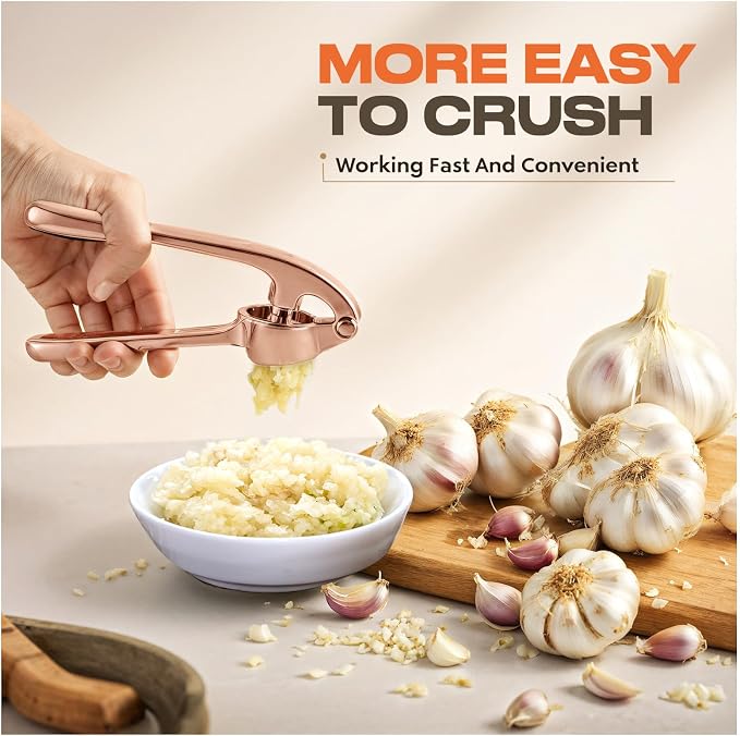 Kitchen Garlic Press, Rust Proof & Dishwasher Safe Garlic Mincer, Durable Garlic Crusher Set with Peeler＆Brush, Easy to Clean and Squeeze, Copper