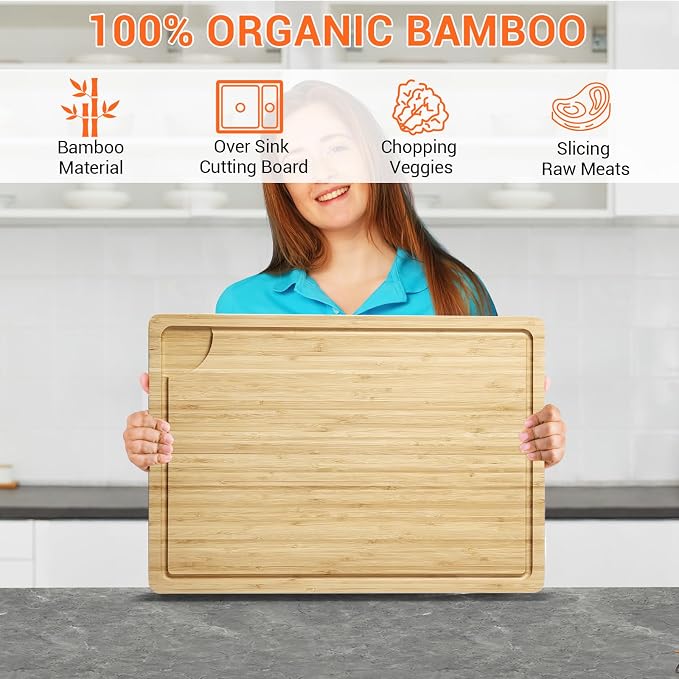 Large Cutting Board for Kitchen, 20 x 14 Inch Bamboo Wood Butcher Chooping Board with Juice Groove, Reversible Cheese Board Charcuterie Serving Tray