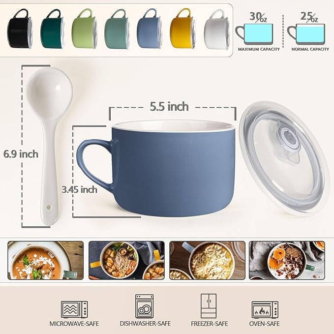 Soup Bowls with Handles & Spoons, 30oz Ceramic Ramen Bowl with Lid, Large Soup Mugs/Cups for Instant Noodle, Big Cereal Bowls for Oatmeal, Soup Containers with Lids, Set of 2, Sky Blue
