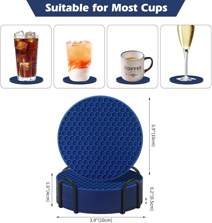TWTLi Silicone Coasters Set of 6 with Holder — Non-Slip Drink Coasters for Coffee Table, Home Bar & Kitchen, Protects Wood & Marble Surfaces from Water Rings, Dishwasher Safe (Navy Blue)