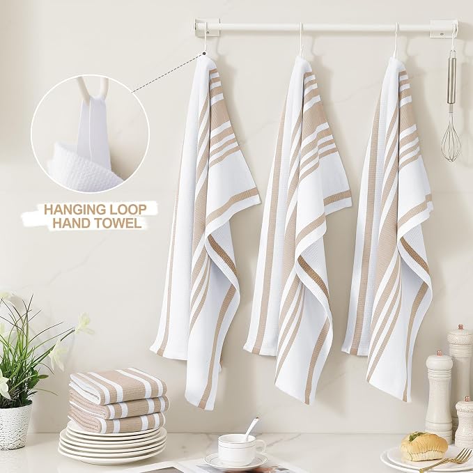 Homaxy Premium Cotton Stripe Kitchen Towels 6 Pack, 18"x 28", Khaki | Large 380 GSM Kitchen Hand Towels, Soft Terry Dish Towels, Highly Absorbent Tea Towel Set with Hanging Loop