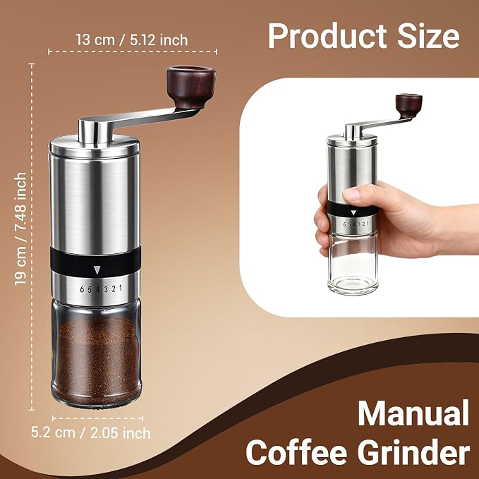 Ceramic Burr Manual Coffee Grinder with 6 Adjustable Coarseness Settings | For Espresso Beans French Press Pour Over Drip, Stainless Steel Hand Crank Coffee Mill for Home Use Office Travel Camping