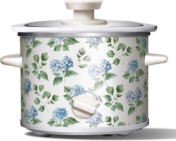 COOK WITH COLOR 2QT Mini Electric Round Slow Cooker - Adjustable Settings, Removable Stoneware Pot, Tempered Glass Lid, Dishwasher Safe, Cool-Touch Side Handles, Floral Blue/Green