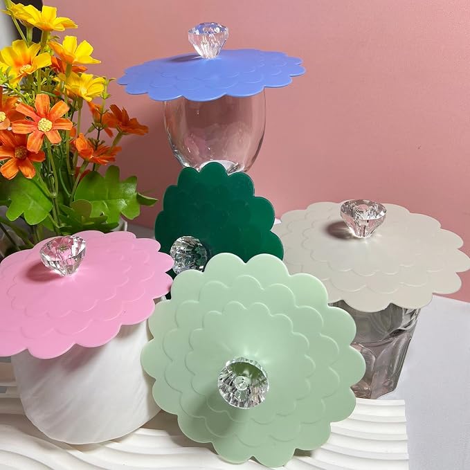 flower Silicone Cup Covers (Set of 5), Multicolored Silicone Lids for Mugs, Cups, Flexible Mug Covers, Tea Pots, Hot Cup Lids for Coffee & Tea (Style C)