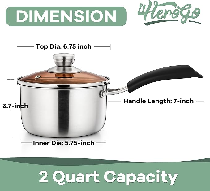 Herogo 2Qt Saucepan with Lid, 18/10 Stainless Steel Sauce Pan Pot, 2 Quart Saucepan for Gas Electric Stove Top Camping, Rust Free & Dishwasher Safe