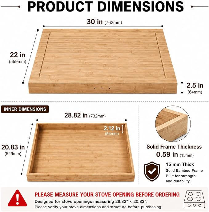 Buruis Bamboo Stove Cover for 28.82 x 20.83 Inch Gas & Electric Stoves | Noodle Board Design with Juice Groove, Extra Counter Space, Built-In Handles, Multi-Purpose Kitchen Serving Board