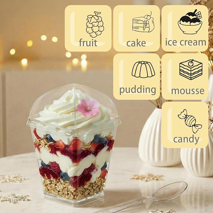 5 oz Plastic Dessert Cups with Lids and Spoons, 30 Pack | Clear Square Mini Reusable Parfait Appetizer Cups, Shooter Serving Cups, Party Dessert Shot Glasses for Tasting