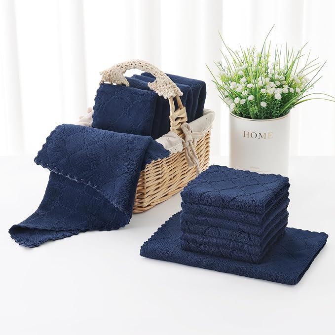 Homaxy Super Soft 12 Pack Kitchen Towels and Dishcloths Set, Navy Blue | Ultra-Absorbent, 10 x 10 and 13 x 19 Inches, Coral Velvet, No Lint, Nonstick Oil, Fast Drying, Microfiber Cleaning Cloth
