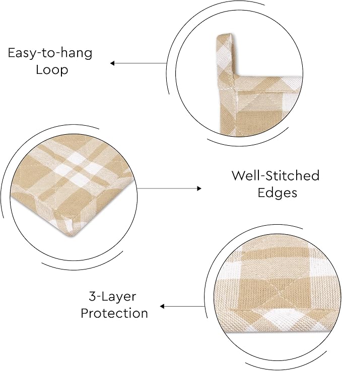 Encasa XO Pot Holders, Quilted Kitchen Hot Pads 8"x8" Franca Beige Checks | 100% Eco-Friendly Cotton | Thick Cotton Padding Insulation | Convenient Hanging Loop | Set of 2