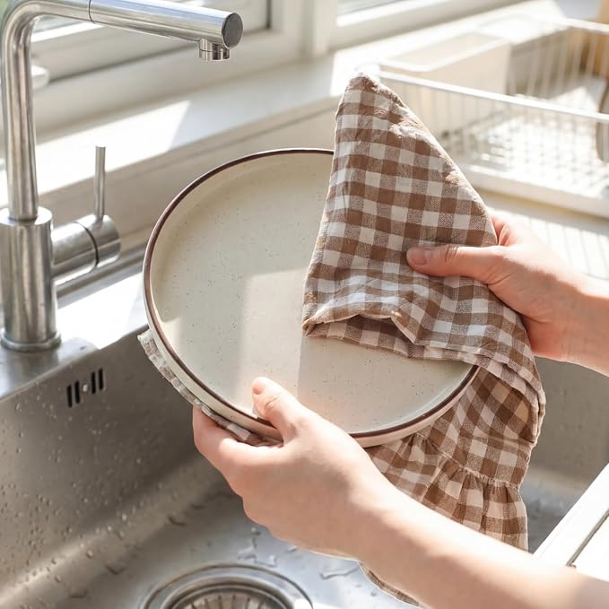 HunnmingRe 2 Pcs Taupe Gingham Kitchen Towels Cotton Ruffled | Checked Dish Towels 18"x28" Tea Cloths Plaid Cottage Core Kitchen Decor for Farmhouse Charm Drying Dishes Entertaining Guests