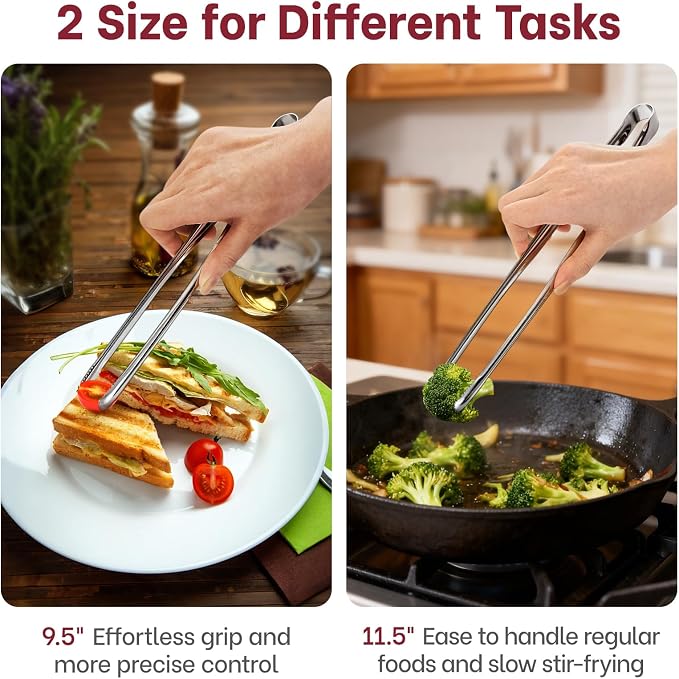 Precise Serrated Non-Slip Tips Cooking Tongs 2 Set (9.5" & 11.5") | Durable 18/8 Stainless Steel Metal Tweezers Tongs, Lightweight Easy Control for Frying, Plating, BBQ, Easy to Care & Clean