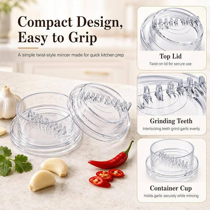 2PCS Transparent Manual Garlic Twist, Multi-Functional Mincer & Grinder for Garlic, Onion, Ginger, Herbs, Nuts