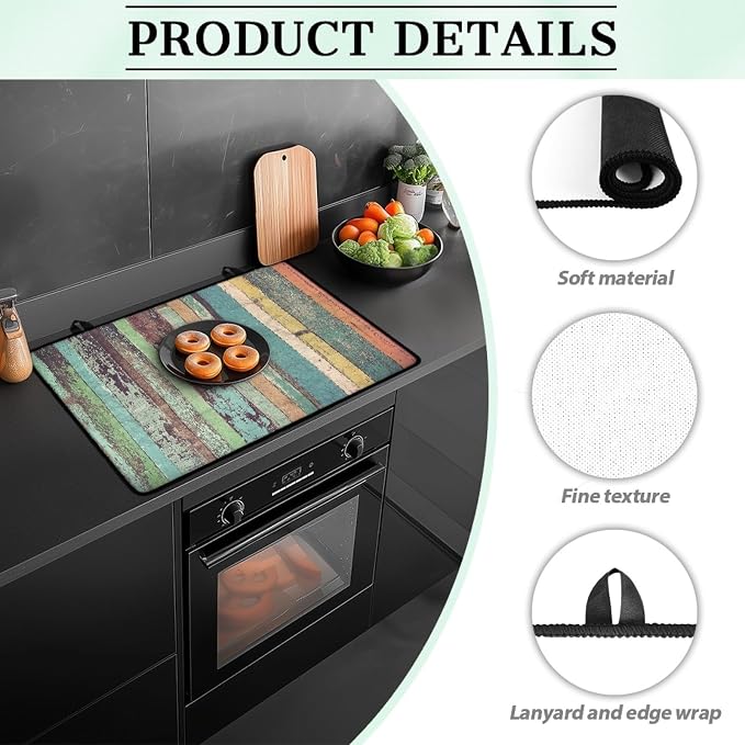 Wooden Stripe Stove Top Covers for Electric Stove, Vintage Colorful Wooden Plank Glass Stovetop Cover with Lanyard Rustic Wood Grain Countertop Protector Mat for Kitchen 28 x 20 Inch