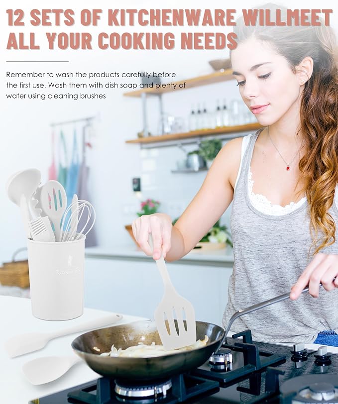 White Kitchen Utensils Set-12 Pieces Silicone Cooking Utensils Set | Dishwasher Safe 392°F Heat Resistant Spatula Set Kitchen Utensil Set for Nonstick Cookware,Best Kitchen Tools with Holder