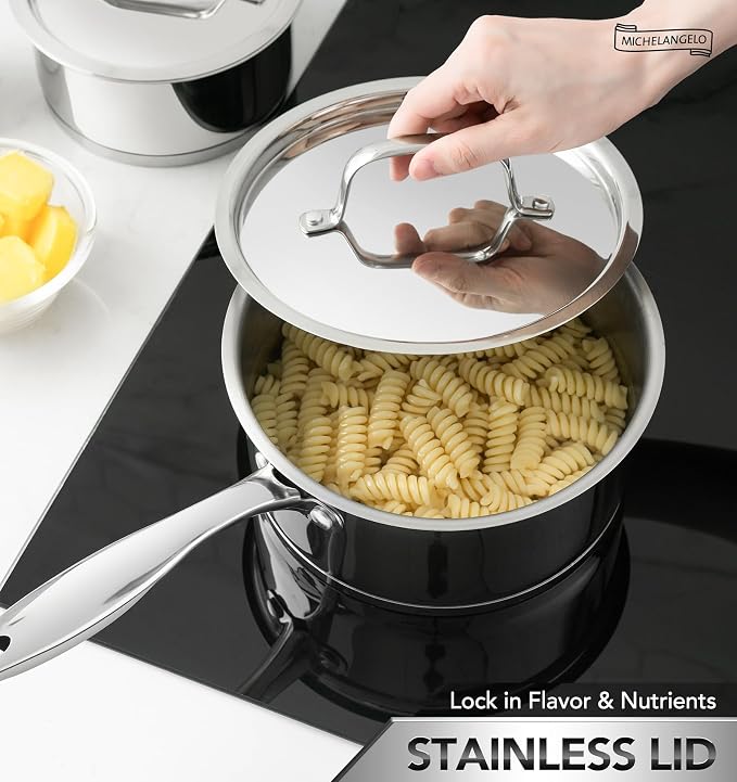 MICHELANGELO Stainless Steel Saucepan Set with Lids, 1QT & 2QT Small Sauce Pans, 304 Stainless Steel Sauce Pot Set with Tri-Ply Base, Induction Compatible, Dishwasher Safe, for Milk, Sauce, Soup