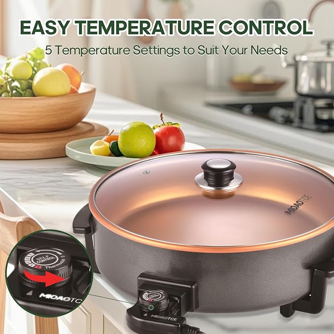 14" Large Electric Skillet with lid, Ceramic Nonstick Coating Electric Frying Pan, 1500W Quick & Even Heating, 5 Adjustable Temperature Control, Tempered Glass Lid & Cool-Touch Handles