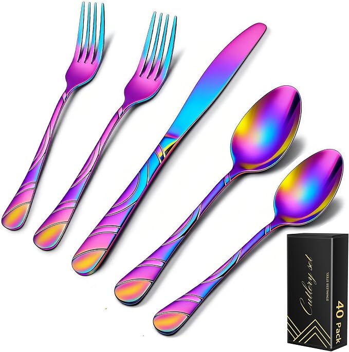 40-Piece Rainbow Silverware Set for 8, 18/0 Frosted & Mirror Finish Stainless Steel Vintage Flatware Set, Modern Cutlery Set for Home Wedding Restaurant Housewarming Party Event Serving For 8