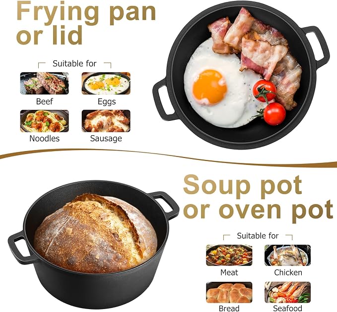 TeamFar 5qt Dutch Oven, Pre-seasoned Cast Iron for Bread Baking, Black | 2-in-1 Bread Pan with Skillet Lid, Oven & Stovetop Safe for Baking Frying Stewing Grilling, Home Use Or Outdoor Camping