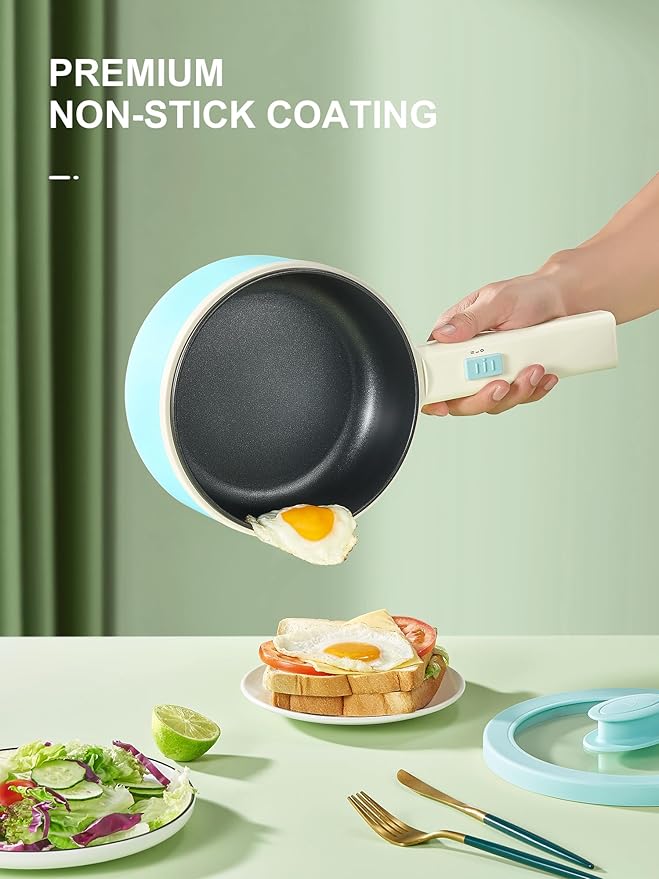 Hot Pot Electric With Steamer, 1.6L Ramen Cooker Non-Stick Sauté Pan | for Steak, Egg, Fried Rice, Ramen, Oatmeal, Soup, Portable Personal Perfect Suit Dorm Room and Apartment (Aqua)