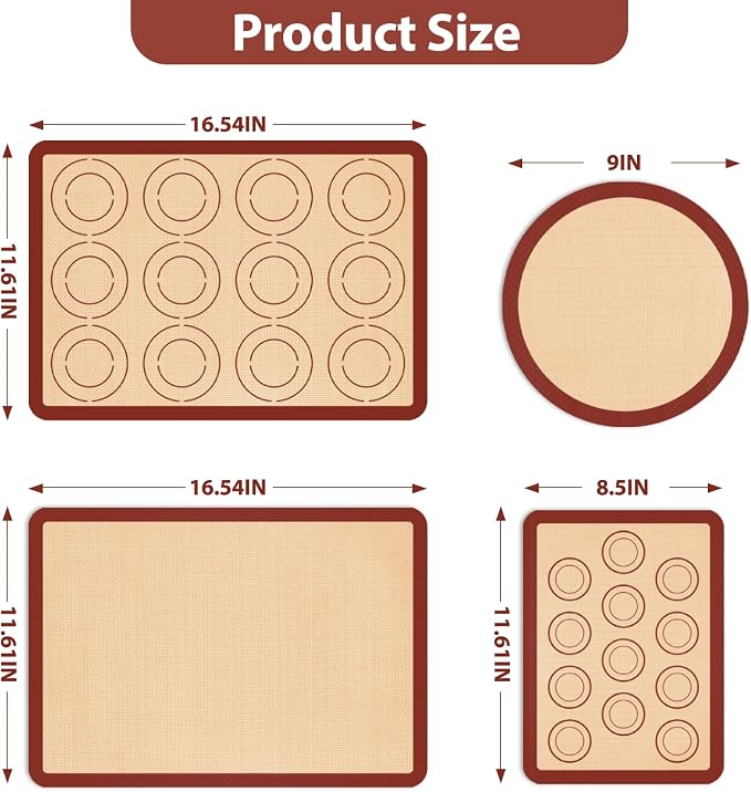 Silicone Baking Mat Set of 4, Nonstick Reusable Macaron Silicone Baking Mat & Round Pizza Mat, Cookie Baking Supplies for Macaroons, Pastry, Pizza, Red