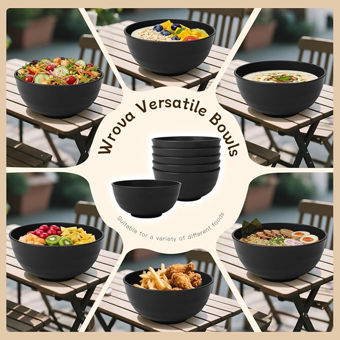 Wheat Straw Bowls 60oz, Large Salad Bowl Unbreakable Ramen Bowls Set of 6, Microwave & Dishwasher Safe Big Popcorn Bowl Alternative Plastic Bowls Reusable, Kitchen Bowls for Cereal,Noodle- Black