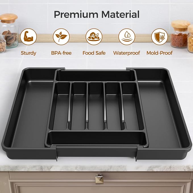 ukeetap Extra Large Expandable Silverware Organizer, Flatware Tray, Black | BPA-Free Food-Safe Kitchen Utensil Cutlery Drawer Organizer, Adjustable Silverware Holder for Spoons Forks Knives