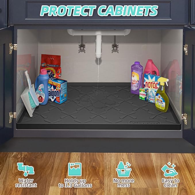 Waterproof Under Sink Mat Silicone 28" x 22" Kitchen Cabinet liner | BPA-Free Silicone Mat with Raised Lip Protects Cabinets from Leaks, Versatile Home Organizer for Bathroom, Pets, Boots, Floor