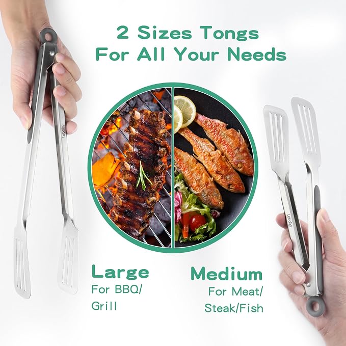 Tongs for Cooking, Set of 2 Metal Spatula Tongs for Grilling, Gray | 9 inch & 12 inch, Flat Spatula Head, Comfortable Handle, Strong Grip, Easy Pull Lock, Flipping Utensil