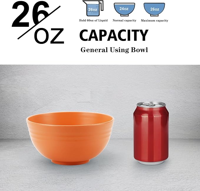 Wheat Straw Bowl Sets,8 PCS Unbreakable Cereal Bowls 26 OZ,Microwave and Dishwasher Safe Bowl Sets, Bowls suitable for picnic,camping and R.V. (Orange)