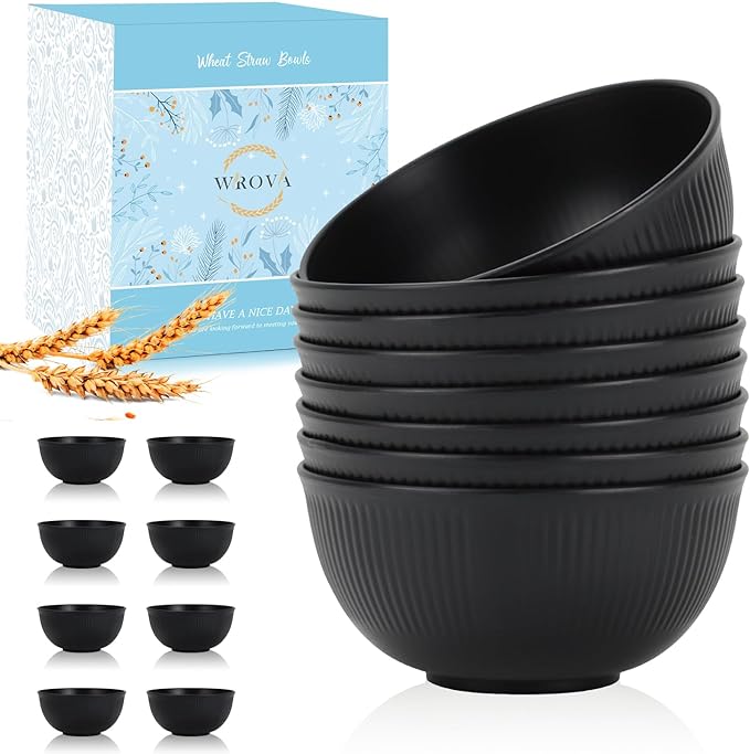 Wheat Straw Bowls Set of 8, Black Plastic Bowls Reusable 26 OZ | Microwave and Dishwasher Safe Bowls for Kitchen, Non Toxic Unbreakable Bowls for Cereal, Oatmeal, Snack, Dinner and Soup