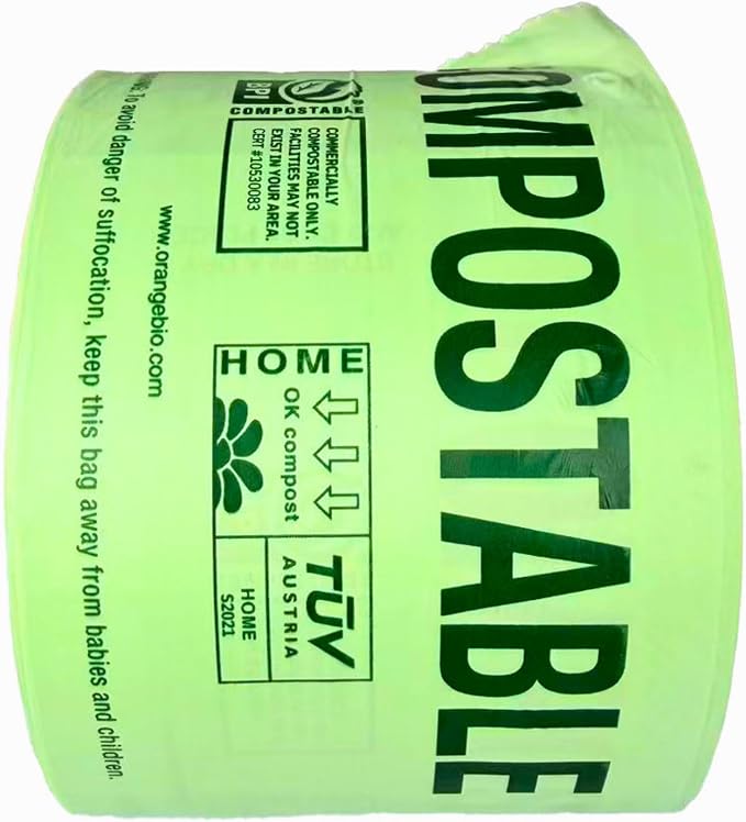 OrangeBio Compostable Produce Bags, 15 x 18 Inches, 250 Count, Single Roll, Holds Up to 20 lbs, BPI Certified ASTM D6400 & TÜV OK Compost Home Certified