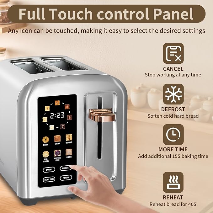 SEEDEEM 2 Slice Stainless Steel Toaster, Touch LCD, 7 Shade, 1350W | 6 Bread Type, 7 Shade Setting, 1.5''Wide Slots, Removable Crumb Tray