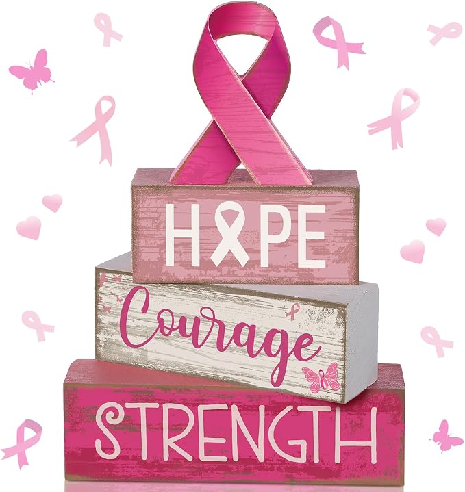 Lineshading 4 Pcs Pink Ribbon Block Signs Wooden Farmhouse Table Decor | Hope Courage Strength Blocks, Rustic Finish for Tiered Tray, Home Shelf Decor, Breast Cancer Awareness Support Gift