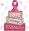 Lineshading 4 Pcs Pink Ribbon Block Signs Wooden Farmhouse Table Decor | Hope Courage Strength Blocks, Rustic Finish for Tiered Tray, Home Shelf Decor, Breast Cancer Awareness Support Gift