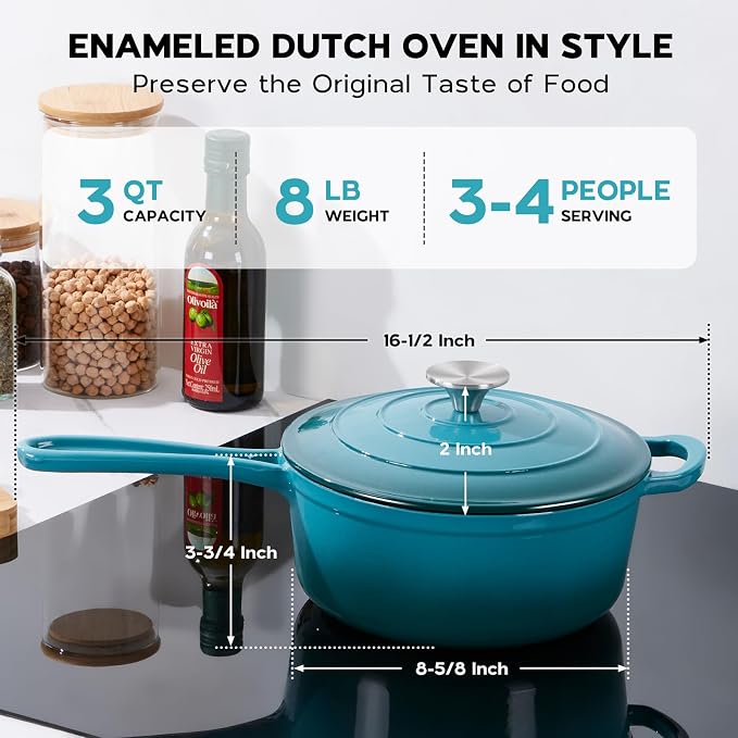 Onader 3QT Enameled Cast Iron Saucepan with Lid, Small Sauce Pan, Enamel Cast Iron Dutch Oven Cooking Pot, Nonstick & Heavy Duty – Dark Cyan