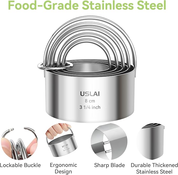 USLAI Biscuit Cutter Set (1.75, 2, 2.5, 2.75, 3.25 Inch) | Food-Grade Stainless Steel, Fluted Cookie Cutter with Handle, Professional Kitchen Baking Dough Tools