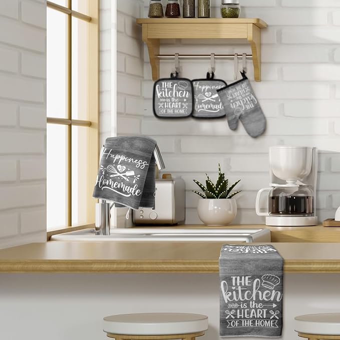 Sratte 6 Pcs Kitchen Decor Accessories Set, Kitchen, Dark Gray Wood | Farmhouse Kitchen Towels Pot Holders Oven Mitts Set 2 Dish Towels 2 Potholders 2 Cooking Mittens for Baking Cooking Supply