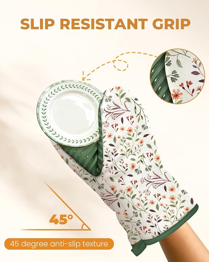 100% Thick Cotton Mini Oven Mitts Silicone Grip Watercolor Floral | Girly Cute Oven Mitts for Women, Machine Washable, Non-Slip, Reversible Design Fits Both Hands, Stylish Kitchen Decor