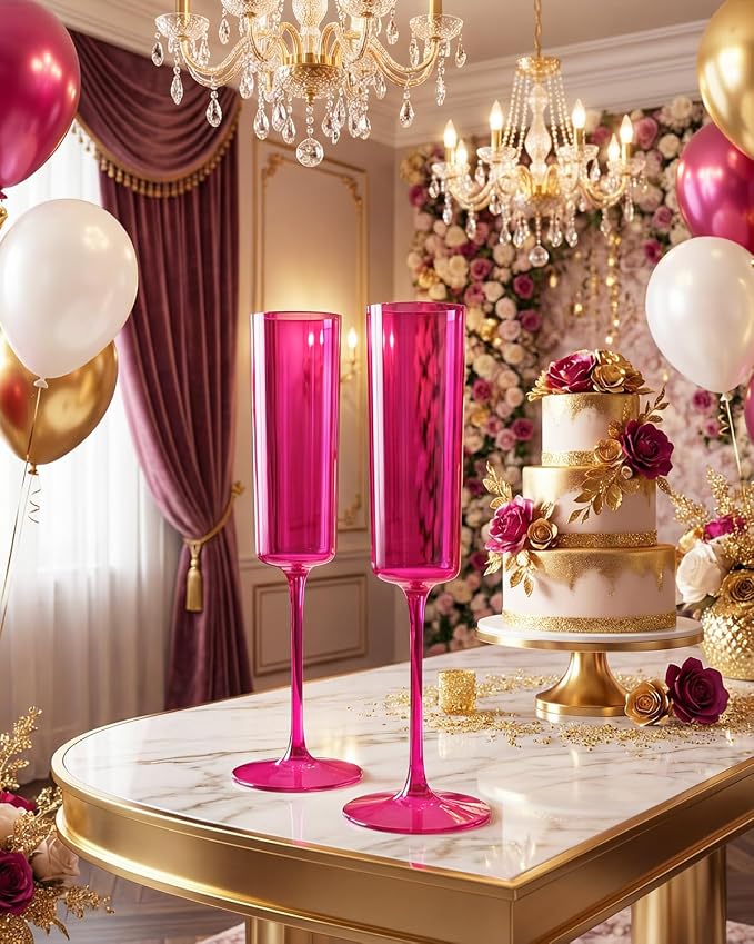 Ciaell 24 Pack Hot Pink Plastic Champagne Flutes for Weddings Birthdays | 6 oz Hot Pink Square Toasting Cups, Heavy Duty Plastic, Champagne Wine Cocktails Mimosas for Anniversaries Parties Bars