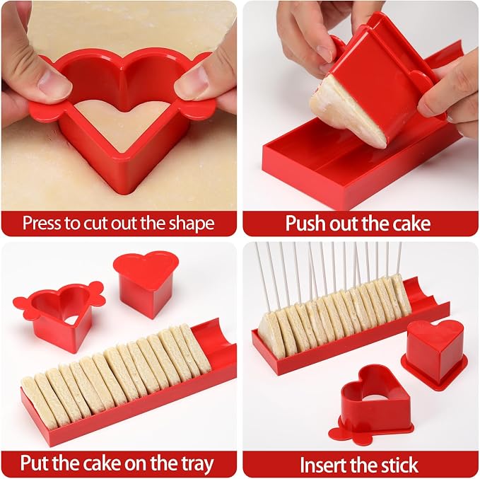 Heart Cake Pop Mold Set with 9in Tray and Sticks- Red | ABS Cake Pop Maker with Cutter and Pusher, perfect for making uniform cake pops for parties, weddings, and homemade desserts.