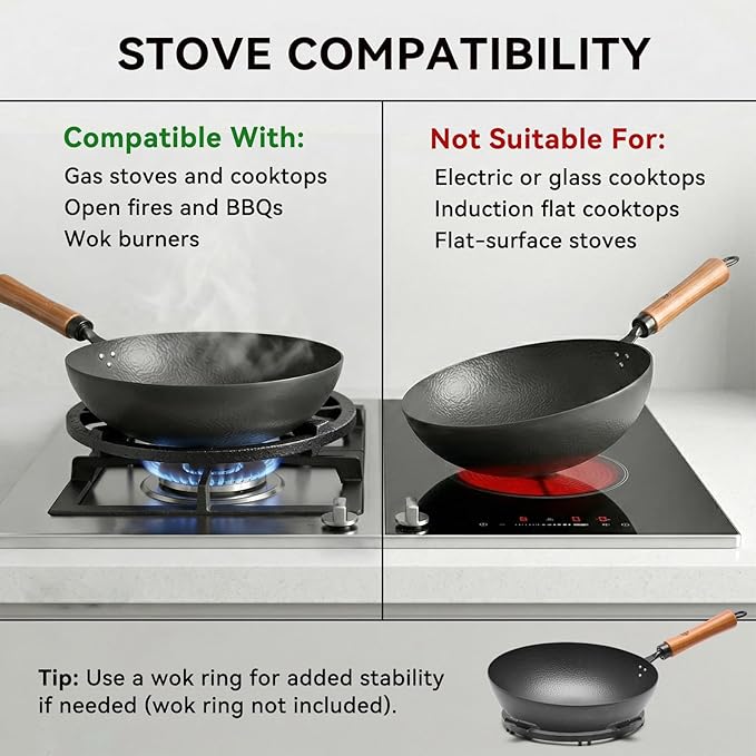 WANGYUANJI Carbon Steel Wok Pan 11 Inch - Round Bottom Traditional Pow Wok (Requires Gas Stove & Wok Ring) - No Coating Hand Hammered Stir Fry Pan with Lid & Detachable Handle